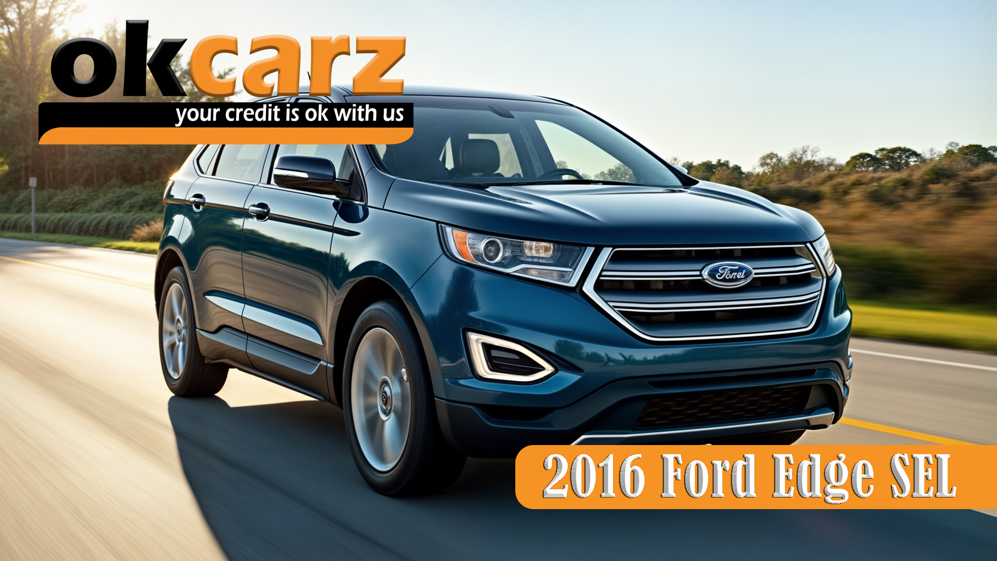 A blue 2016 Ford Edge SEL driving on a sunny Florida highway with underbrush visible along the roadside.