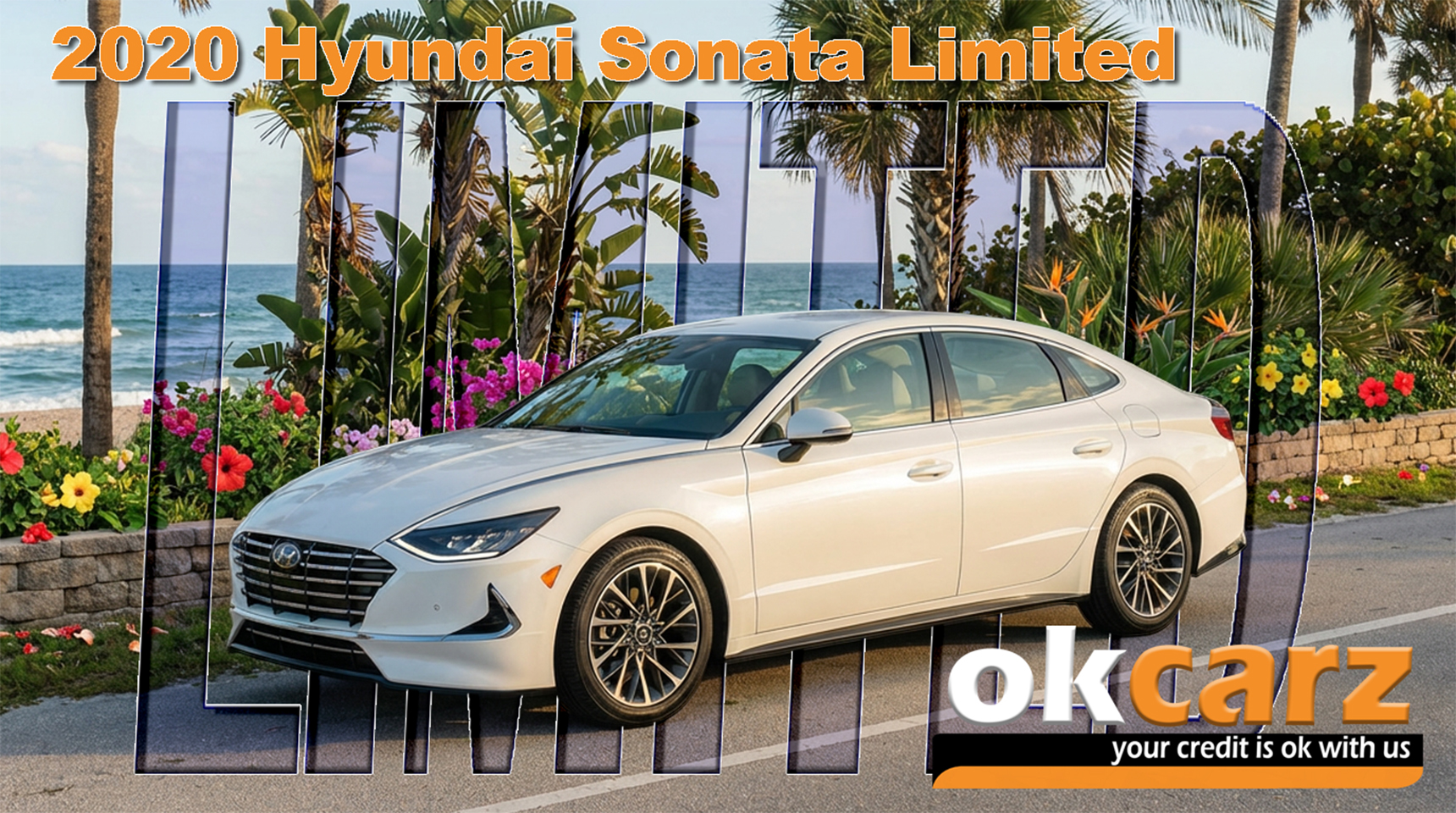 Quartz White 2020 Hyundai Sonata Limited parked on a sunny Florida coastal road with palm trees and blue sky, showcasing its sleek design
