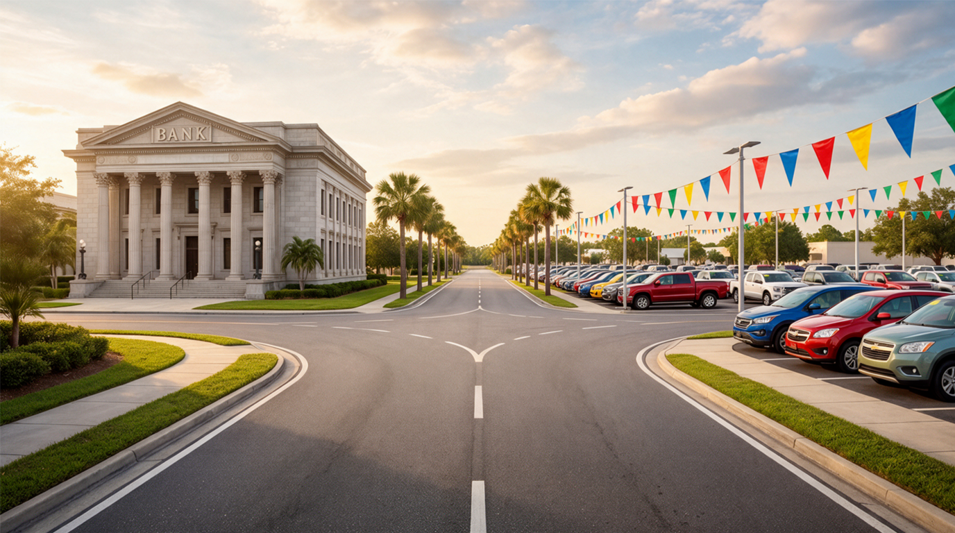 A road forking in two directions, one toward a bank and the other toward a used car dealership lot.