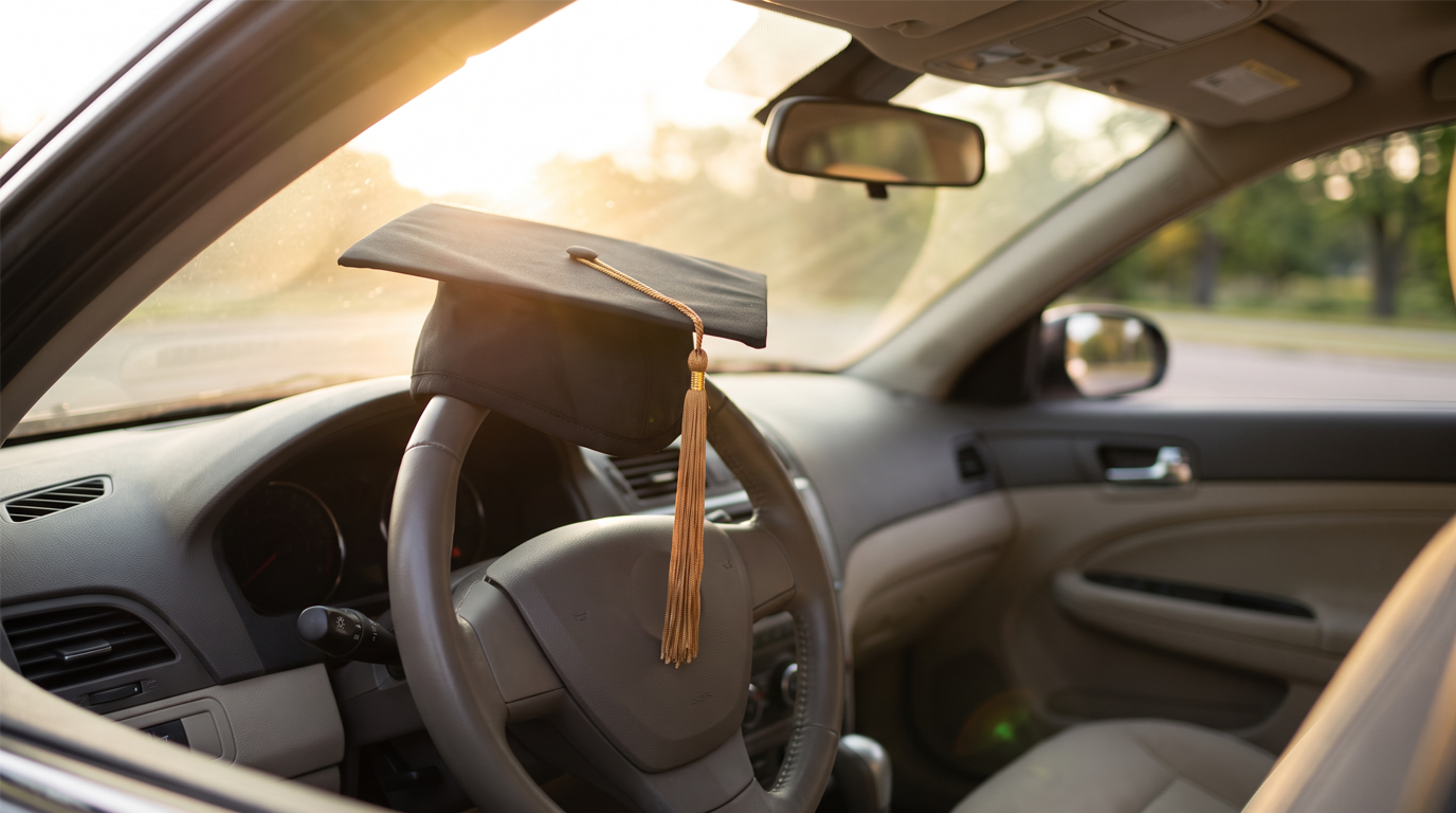 Graduation cap with tassel resting on a car’s steering wheel.