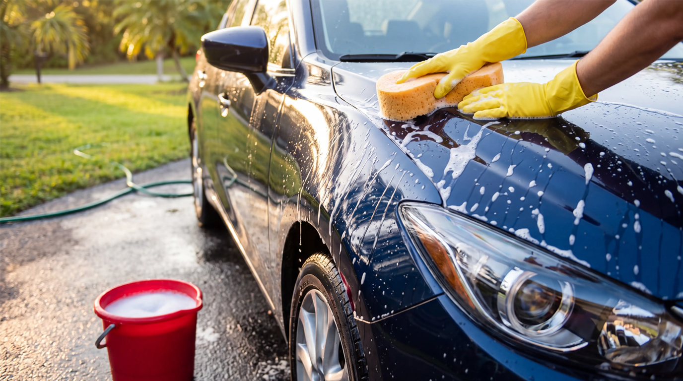 Hand in a yellow glove washing a used car’s hood with a soapy sponge in a sunny, central Florida driveway.