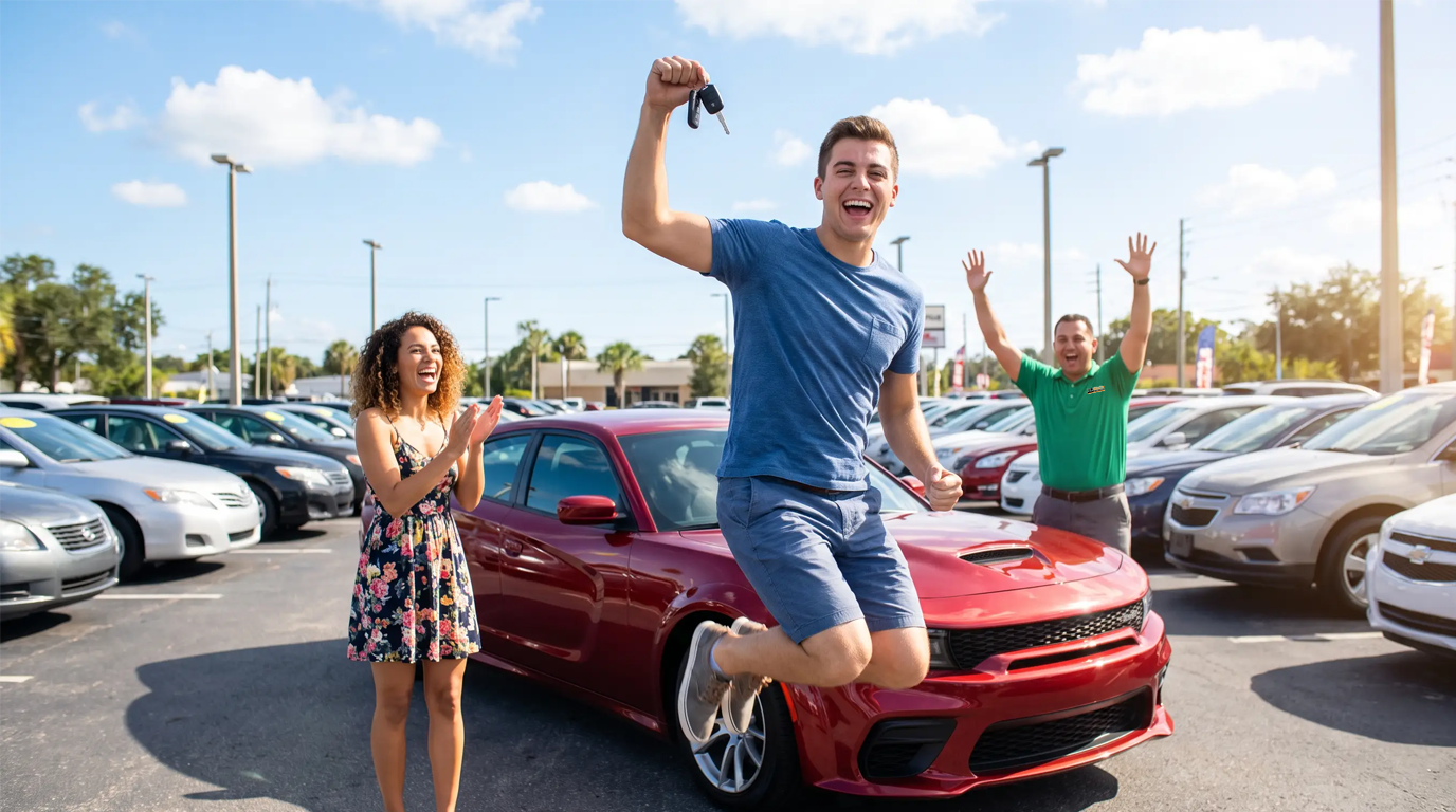 Young man leaping with joy holding car keys at a sunny Florida used car lot as friends celebrate.