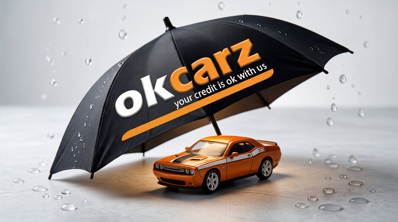 Toy car sheltered under an OK Carz umbrella, representing used vehicle warranty protection.