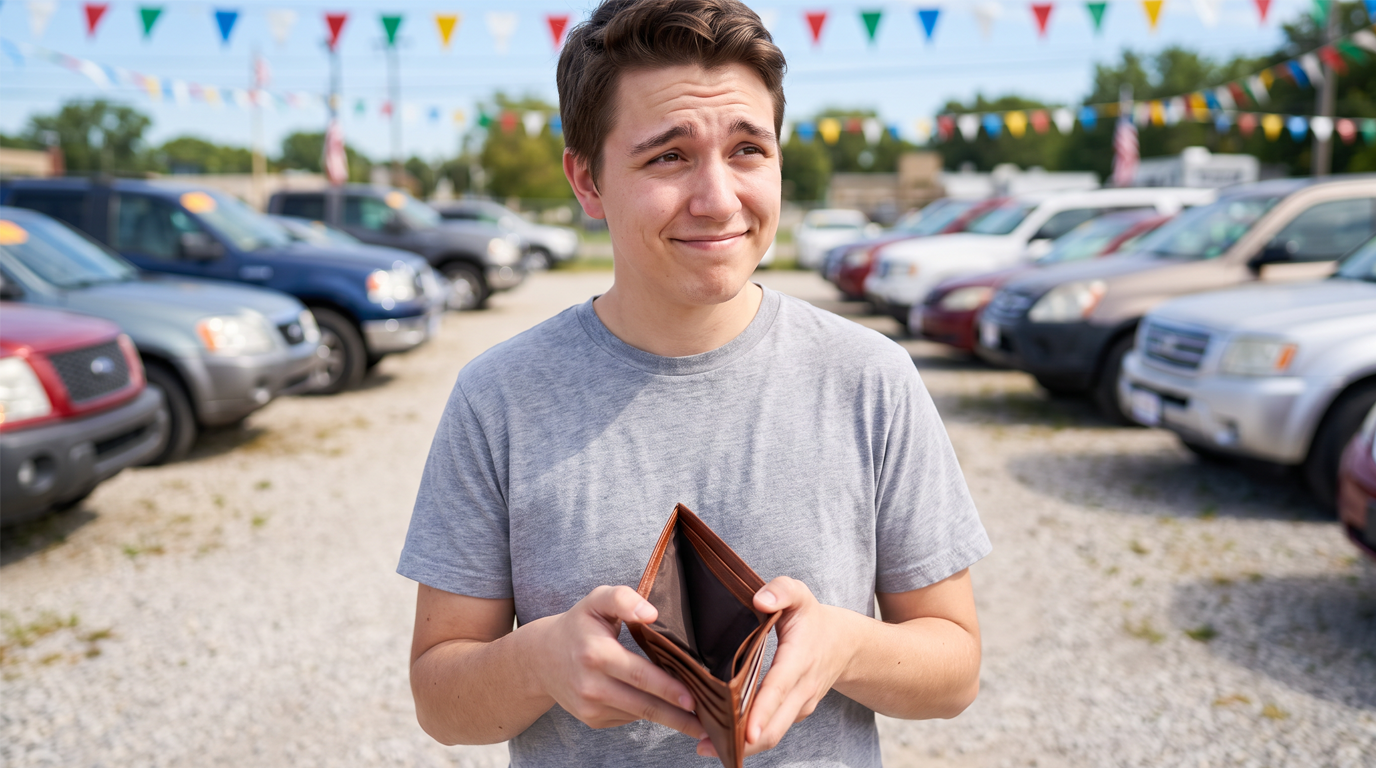 Young man hopefully holding an open empty wallet in front of a used car lot.