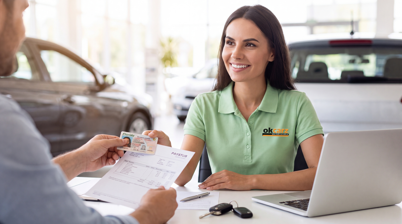 OK Carz finance specialist in a light green polo receiving a driver’s license and proof of income from a customer at a dealership desk