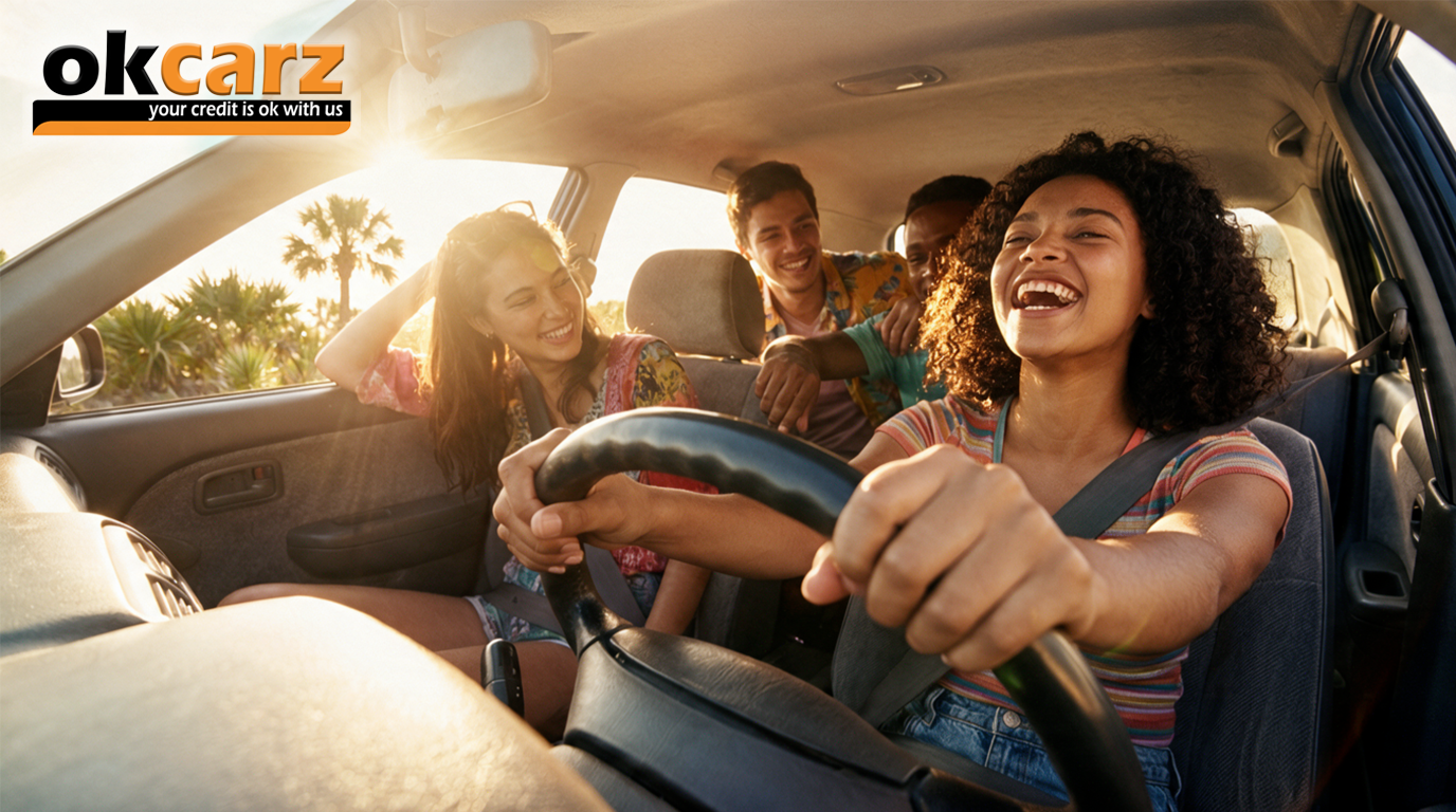 Happy young driver gripping the wheel of her first car with three smiling friends riding along in the sunlight.