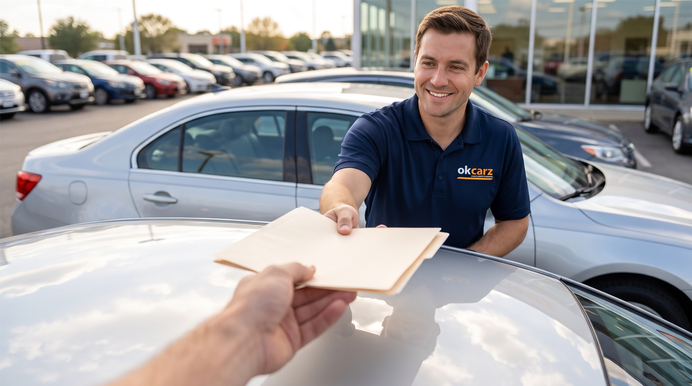 OK Carz team member handing a paperwork folder to a customer across the hood of a used car.