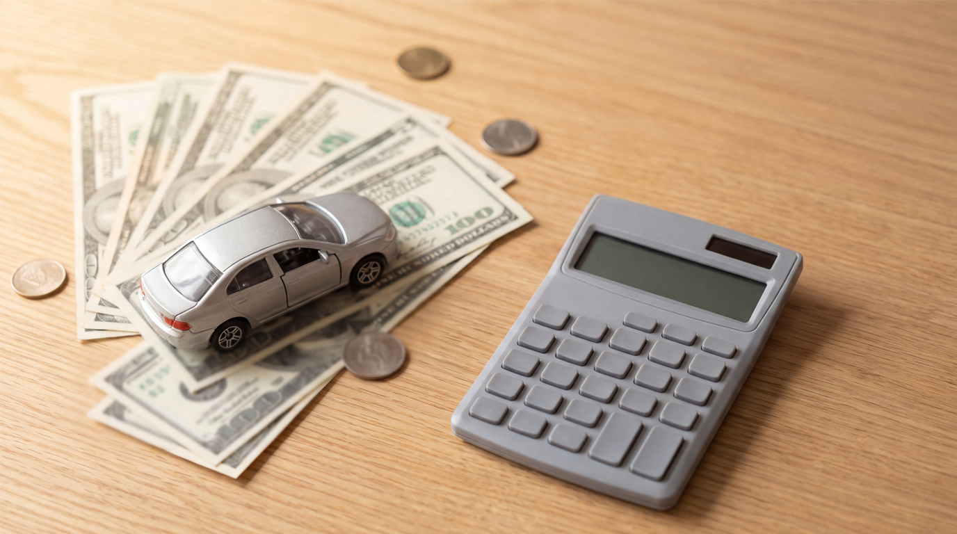 Toy car parked on spread-out cash next to a calculator, representing budgeting your income for a car purchase.