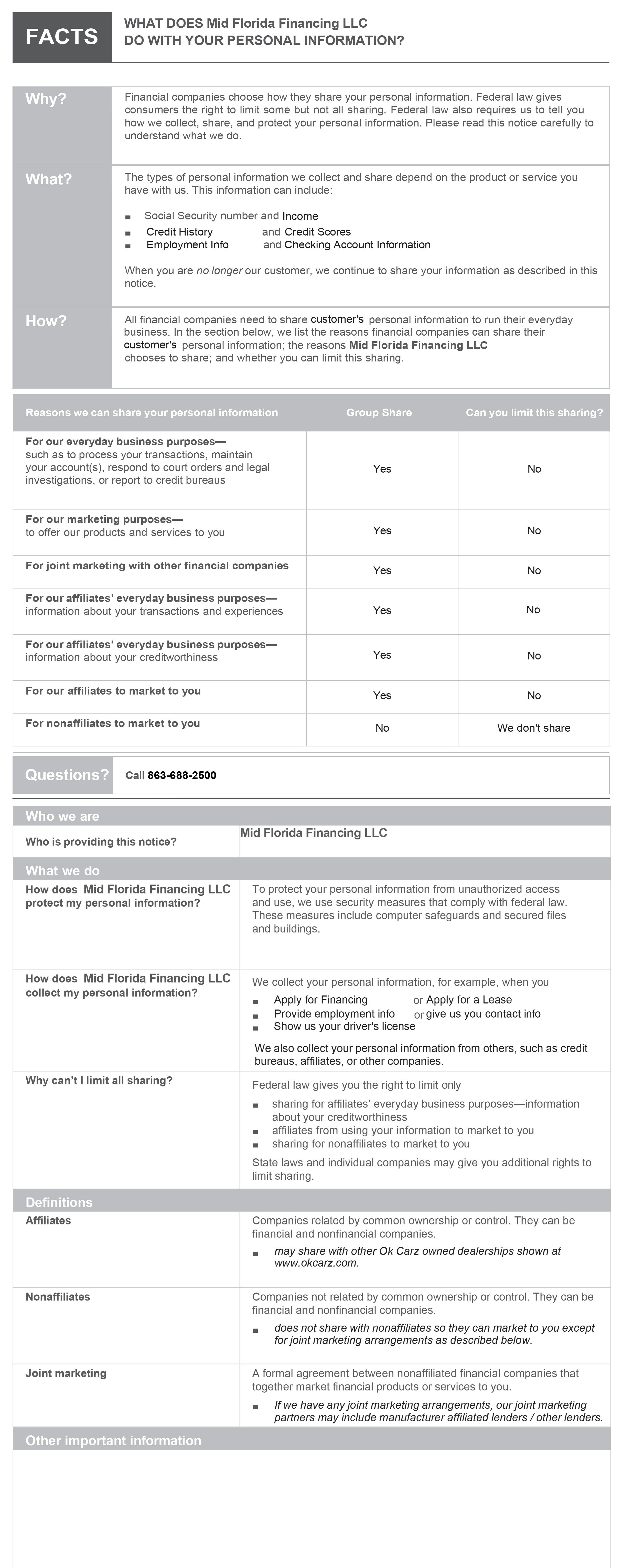 Mid Florida Financing Privacy Notice