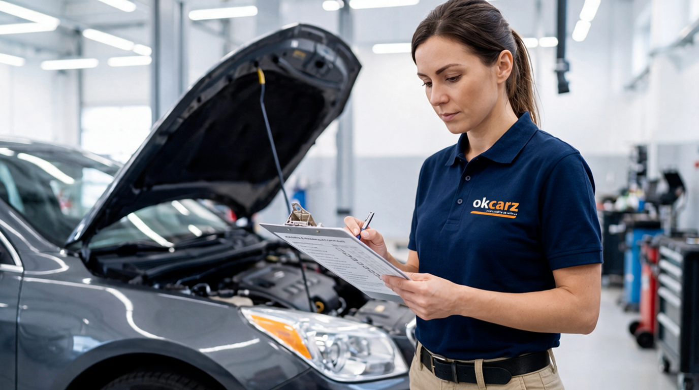 Female OK Carz mechanic in a dark blue polo and khakis marking a vehicle inspection checklist at the open hood of a used car