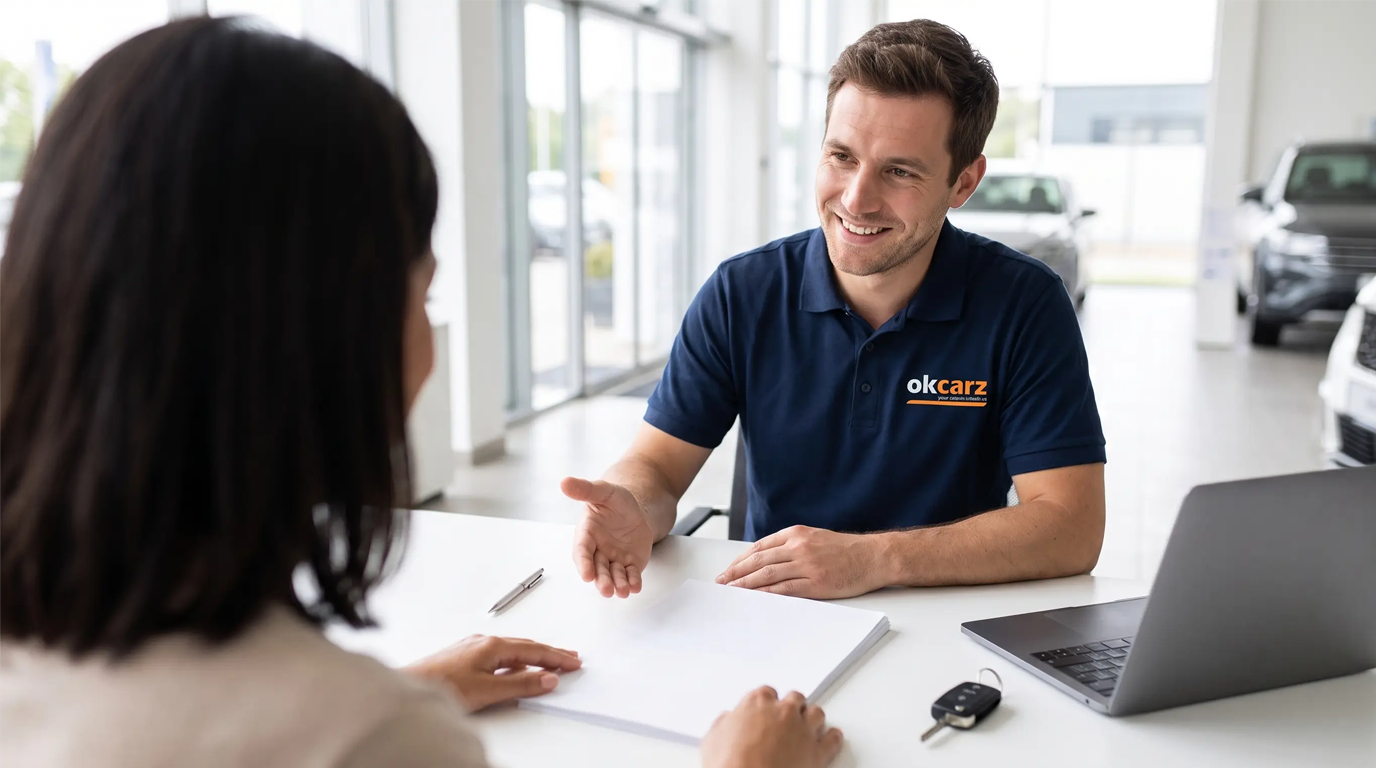 Customer reviewing paperwork across a desk with an OK Carz finance specialist.