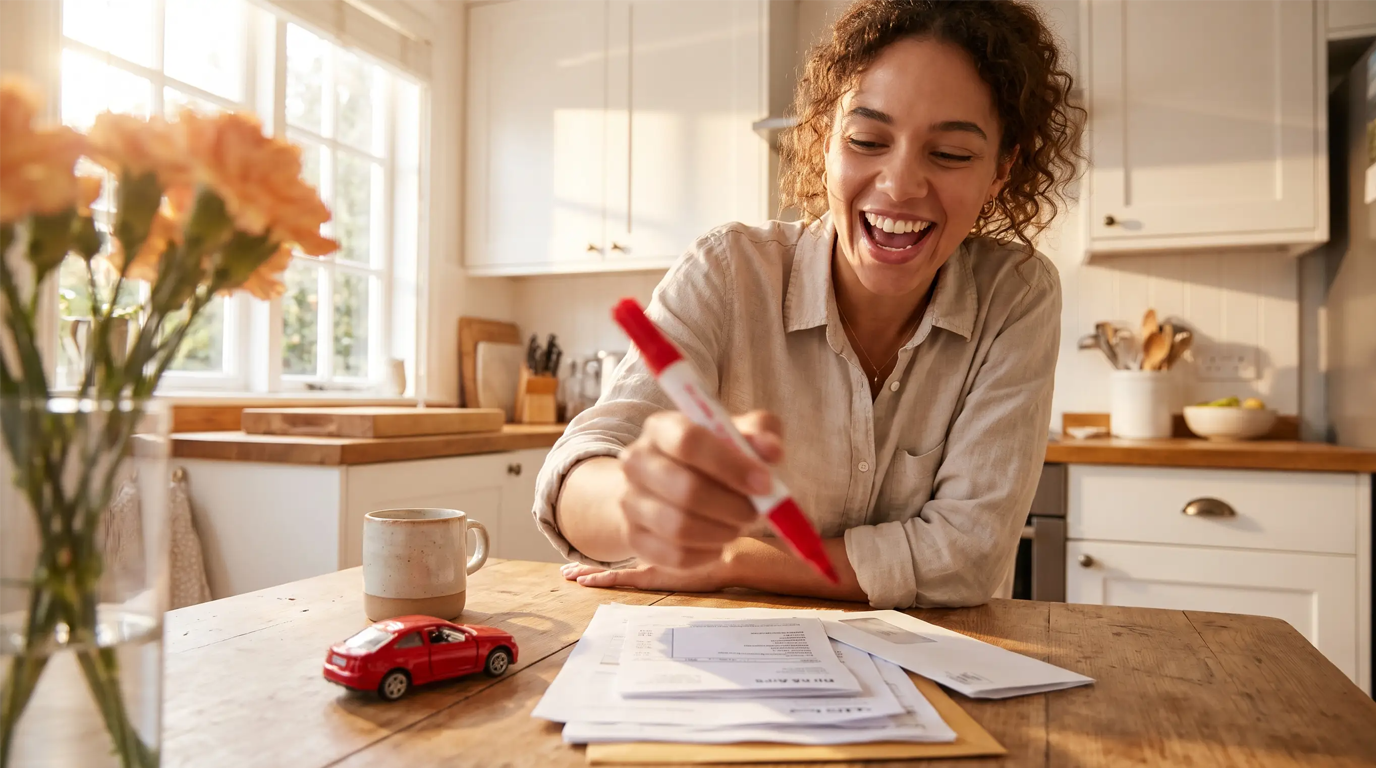Young woman triumphantly crossing out a stack of bills with a red marker beside a toy car in a bright kitchen.