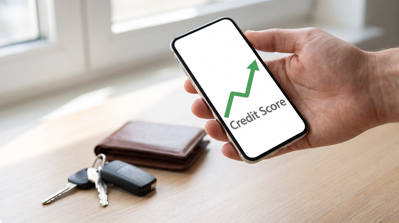 Hand holding a phone showing an upward-trending credit score line above a desk with car keys and a wallet.