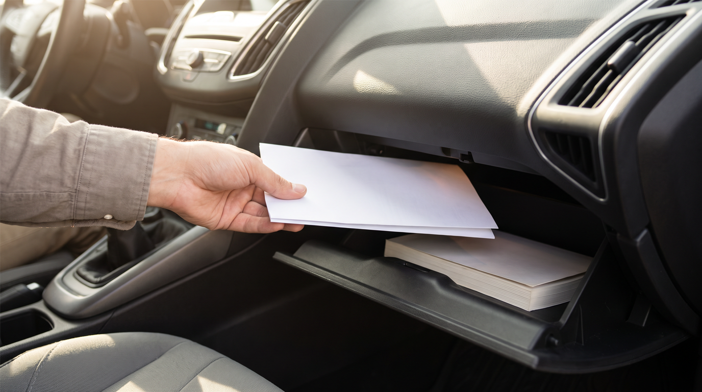 Hand placing a warranty document into a car’s glovebox.