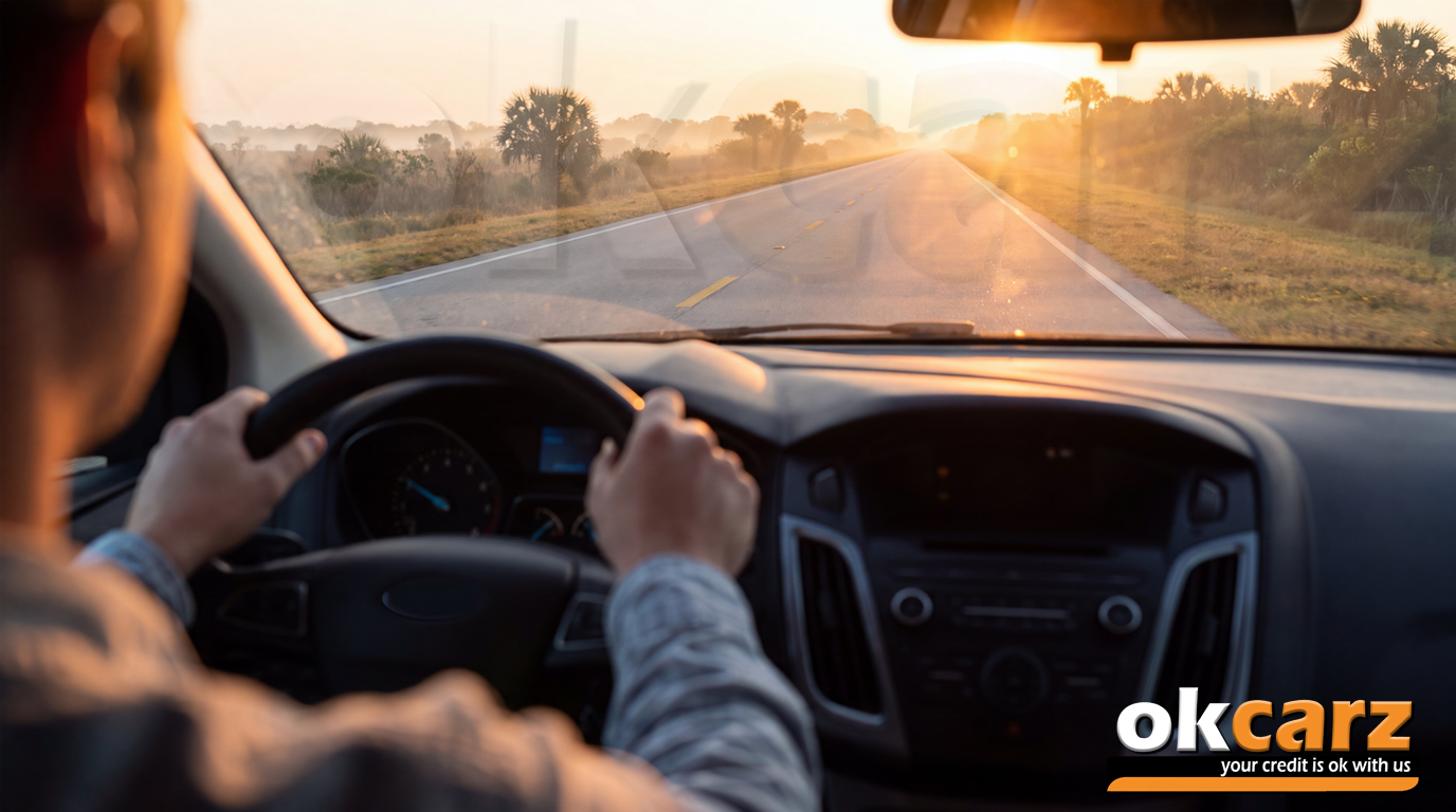 Driver’s view from behind the wheel of an open road at sunrise, heading toward the horizon.